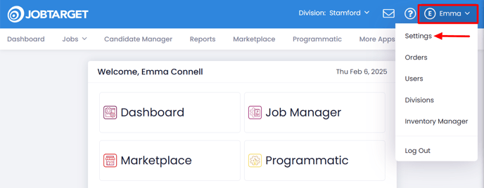 A screenshot of the JobTarget dashboard with the username highlighted, and the dropdown menu present with an arrow pointing to 'settings'