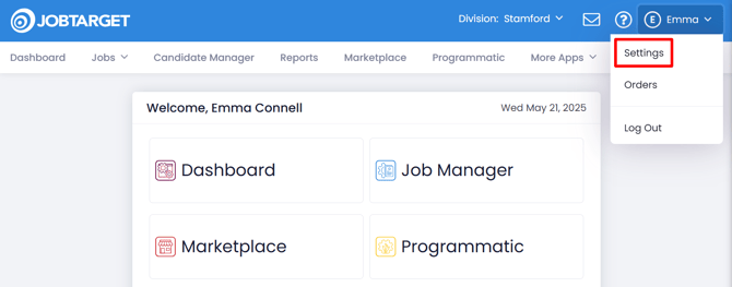 A screenshot of the JobTarget dashboard with 'settings' highlighted in the dropdown menu 