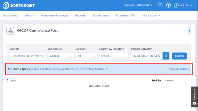 A screenshot of the OFCCP Compliance Post App within the JobTarget Platform. The Supported States banner is highlighted. It reads "My States: 1/5. You have 4 Slot(s) Before You REach Your Inventory Maximum." and on the right-hand side there is a link titled "View My States"