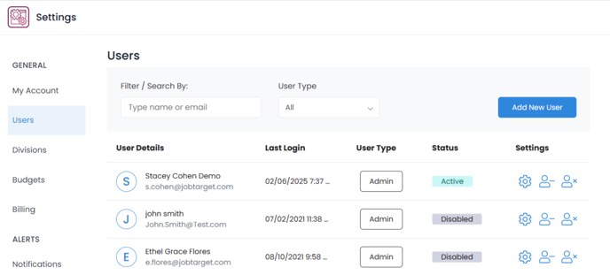 A screenshot of the 'Users' tab in the Settings application within JobTarget.