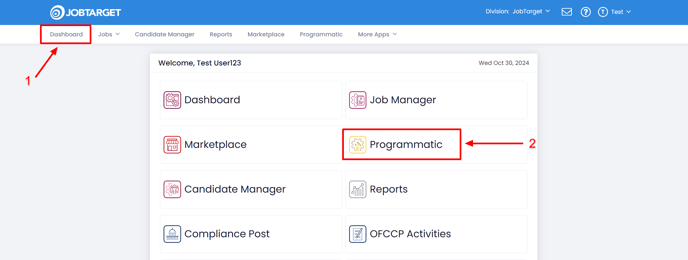 A screenshot of the JobTarget Dashboard, highlighting the Dashboard button in the navigation bar at the top of the page, and the Programmatic App in the Dashboard. 