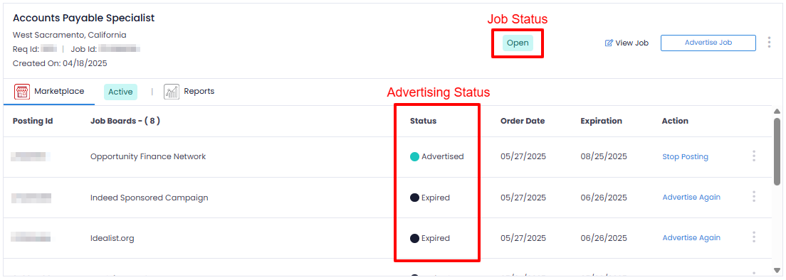A screenshot of a job in the Job Manager with the Job Status and Advertising Statuses highlighted