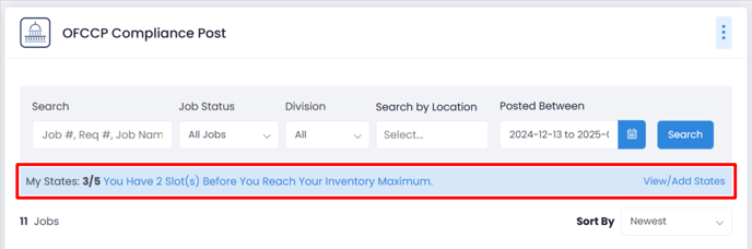A screenshot of the OFCCP Compliance Post application with the 'My States' banner highlighted. The banner is located underneath the search and filter bars. 